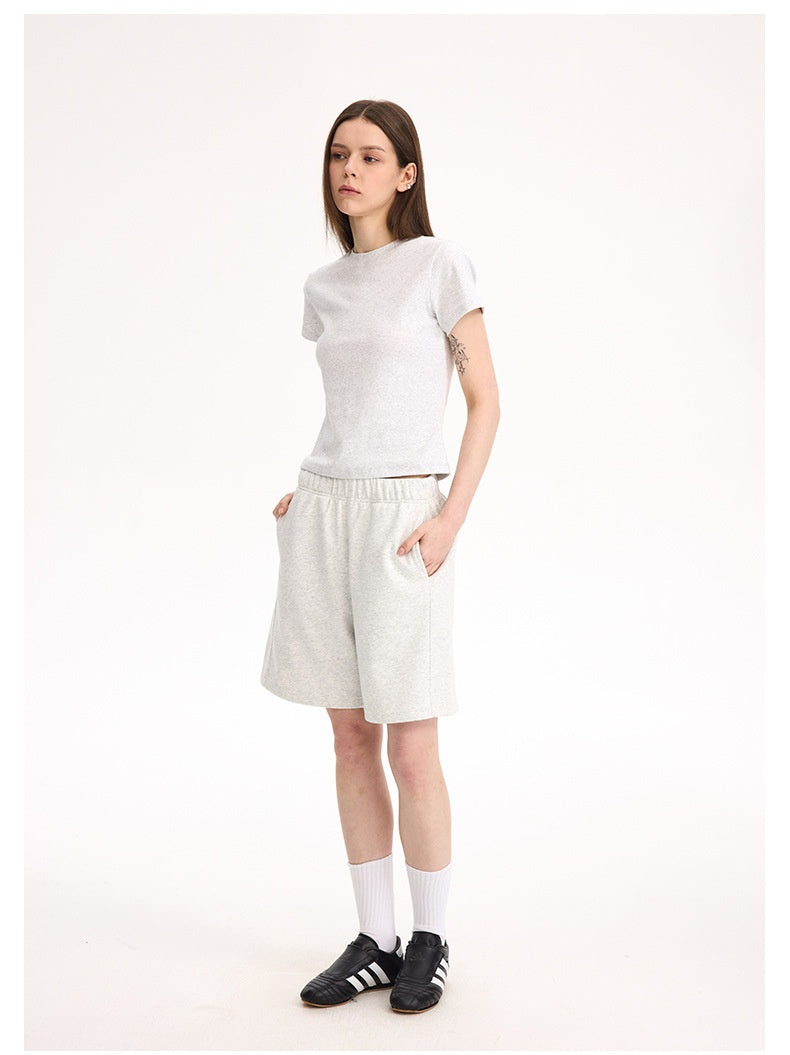 Heather gray lounge shorts, full-length view