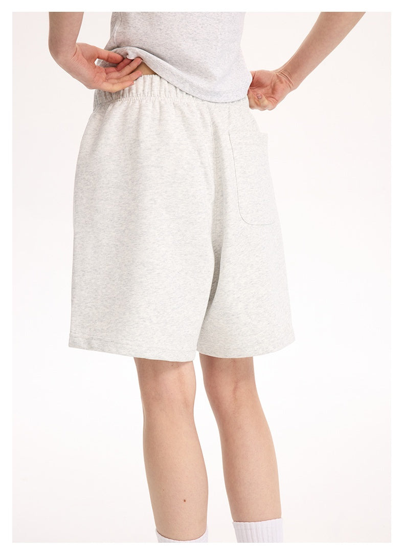 Heather gray lounge shorts, rear waistband and pocket view