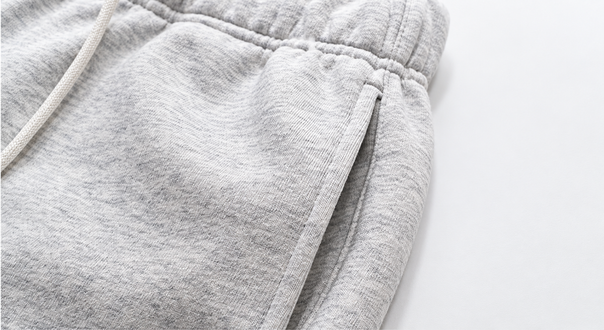 Heather gray shorts, side pocket detail