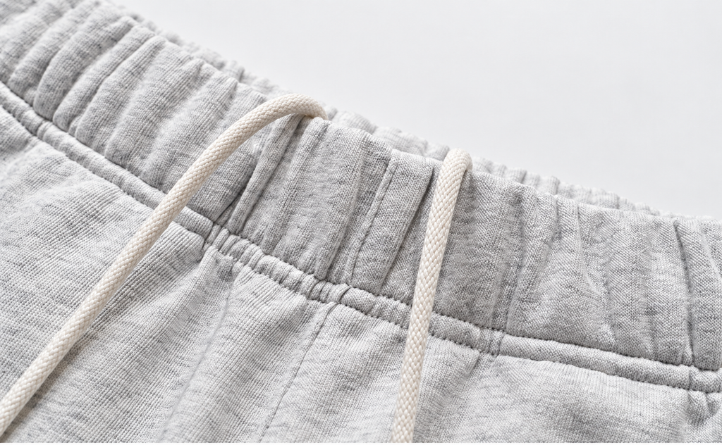 Heather gray shorts, elastic waistband and drawstring detail